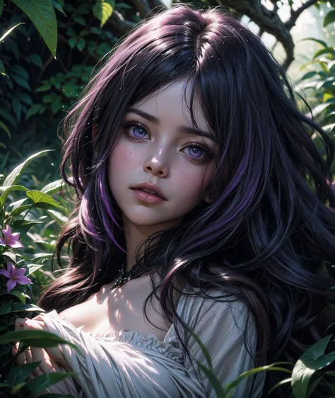 A striking dark fantasy film poster featuring a girl with violet eyes and long, wavy pink hair adorned with lilac lilies. She is lying gracefully on a lush green lawn, her gaze directed forward with an alluring expression. The background is filled with sha...