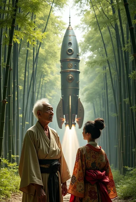 Couple､ Old man and woman、 An elderly Japanese man and woman from the Heian period are looking up and worshiping a gigantic steampunk style rocket in a bamboo grove、