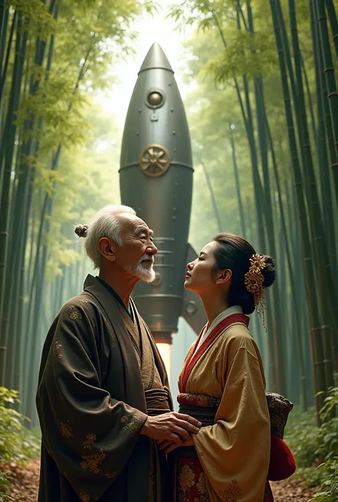 Couple､ Old man and woman、 An elderly Japanese man and woman from the Heian period are looking up and worshiping a gigantic steampunk style rocket in a bamboo grove、