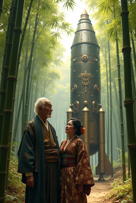 Couple､ Old man and woman、 An elderly Japanese man and woman from the Heian period are looking up and worshiping a gigantic steampunk style rocket in a bamboo grove、