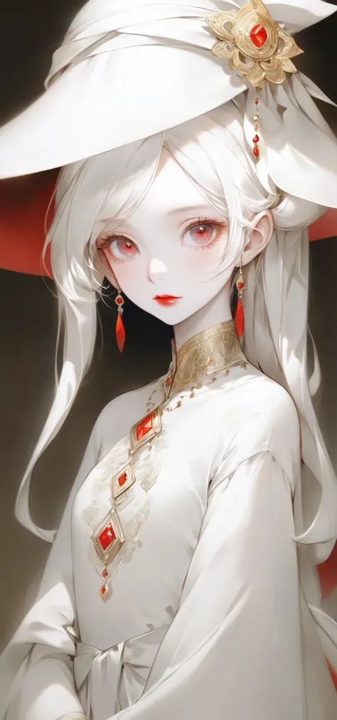 Arabian woman wearing a white hat and dress and red lipstick, pale White skin like porcelain, Gwaiz, Gwaiz masterpiece, artwork in the style of Gwaiz, Soft Portrait Shot 8k, Pale Young Ghost Girl, White skin like porcelain, By Russell Dongjun Lu, Pale milk...