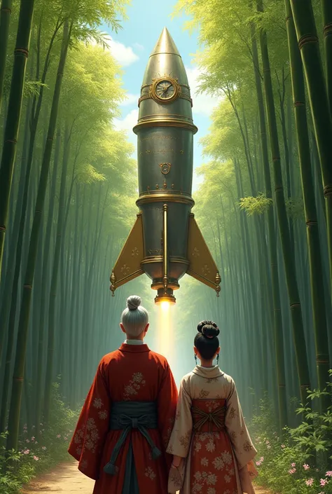 Couple､ Old man and woman、 An elderly Japanese man from the Heian period and his elderly wife are looking up and worshiping a gigantic steampunk style rocket in a bamboo grove、