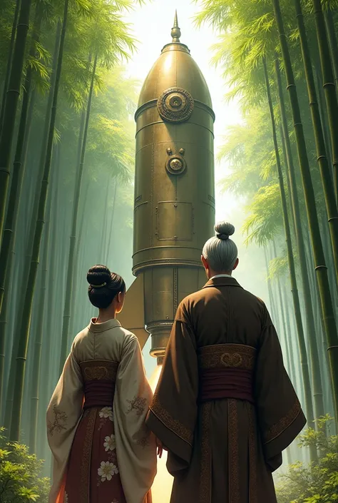 Couple､ Old man and woman、 An elderly Japanese man from the Heian period and his elderly wife are looking up and worshiping a gigantic steampunk style rocket in a bamboo grove、