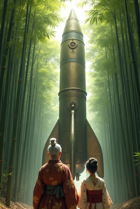 Couple､ Old man and woman、 An elderly Japanese man from the Heian period and his elderly wife are looking up and worshiping a gigantic steampunk style rocket in a bamboo grove、