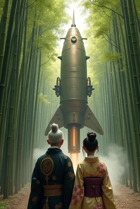 Couple､ Old man and woman、 An elderly Japanese man from the Heian period and his elderly wife are looking up and worshiping a gigantic steampunk style rocket in a bamboo grove、