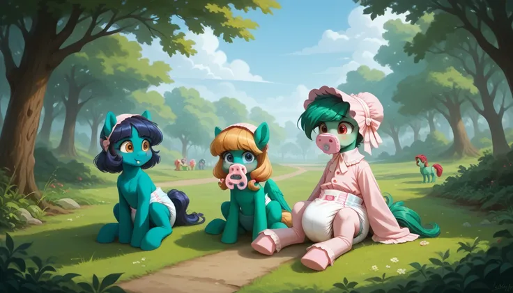 pony, Pegasus, adult mare, emerald green fur, a lush mane, gathered into an adult size bonnet, bushy tail, sitting outside, dressed in an adult size bodysuit and booties, pacifier in mouth, solo, thick diaper under clothes, bulge on the back of the diaper,...