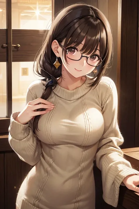 anegasaki nene、Shiny brown hair, short hair, (Beautiful brown eyes、Sparkling eyes, Fine grain)、smile、Ultra-detailed eyes、Highly detailed face, Highly detailed eyes,Cowboy Shot、


masterpiece,Highest quality,1 person,Glasses、Beauty、woman wearing knitted clo...