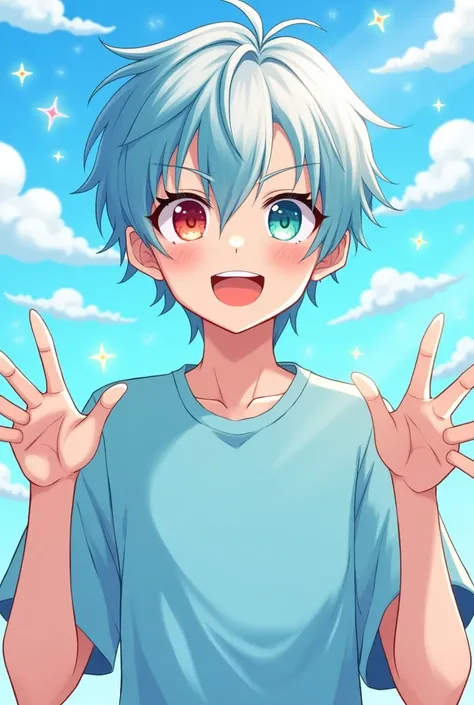 Male, 2d, anime, light blue shirt, light blue hair combined with white, left eye red, right eye aqua, funny