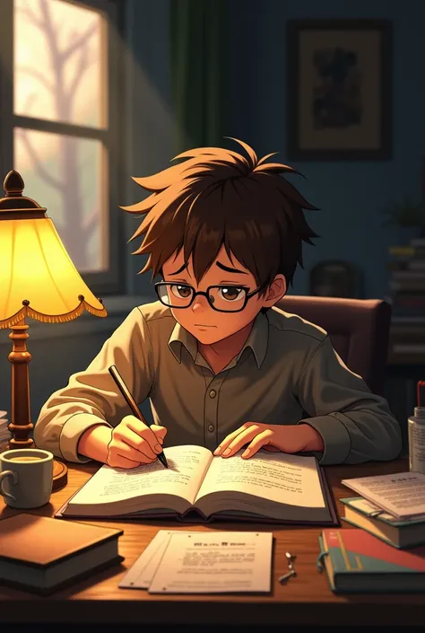 A boy writting poems at a study table brown hair and good jawline wearing glasses with a lamp on the table and looking exhausted because of financial problems (anime image)