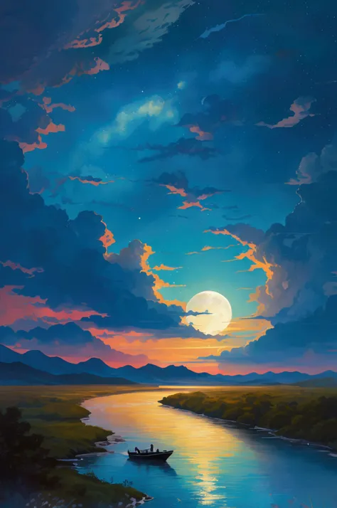 A condensed beauty of a painting of a river and the stars and moon floating in the sky, Concept art inspired by Mitsuoki Tosa, pixiv Contest Winner, Highest quality, Fantasy art, Beautiful anime scene, Bright moon circle, Starry Sky environment in the moon...