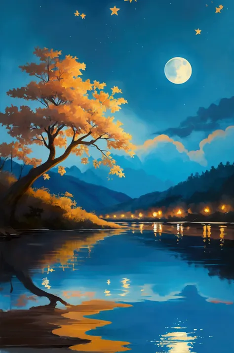 A condensed beauty of a painting of a river and the stars and moon floating in the sky, Concept art inspired by Mitsuoki Tosa, pixiv Contest Winner, Highest quality, Fantasy art, Beautiful anime scene, Bright moon circle, Starry Sky environment in the moon...