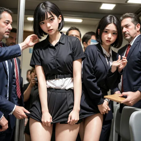 A beautiful and innocent college girl surrounded by excited and erect middle-aged men, Sexy underwear exposed, I scream with my mouth open in shame at being seen, Staring at the audience, Standing on a train, holding onto a strap, Being molested by middle-...