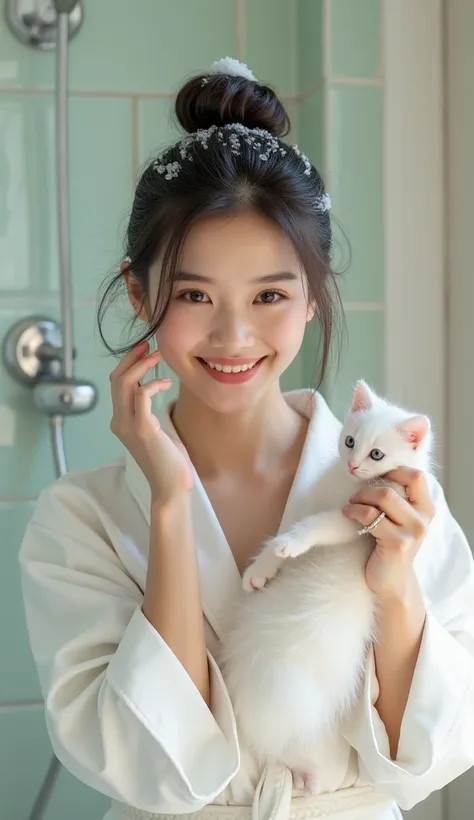 Create an Asian beauty with long hair，Beautiful big eyes，Hair in a bun，Regular facial features，Wearing a white satin bathrobe，Washing hair with one hand，Hair wrapped in real white foam，the other hand holding a white cute kitten，The expression is happy，Uppe...