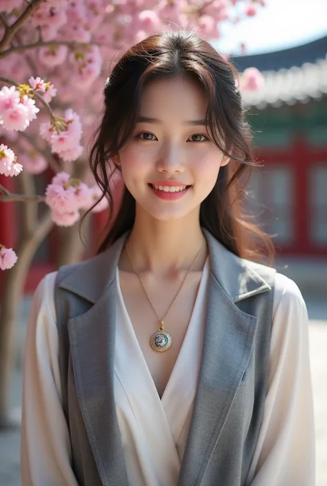 Arafid (Arafed) Asian woman wearing a necklace and a grey vest, beautiful young Korean women, gorgeous young Korean women, beautiful south Korean women, Korean Girls, a Young Asian Woman, Korean women, Young and cute Korean face, Portraits of Korean female...