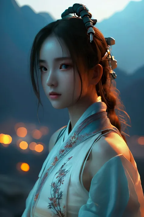 Highest quality, masterpiece, High resolution,, One person, Detailed face, (Upper Body:1.6), Cyber City, Mountains and Rivers, night, Firefly Light, Realistic, Lots of details, (White Hanfu:1.2), (Beautiful body:1.4),