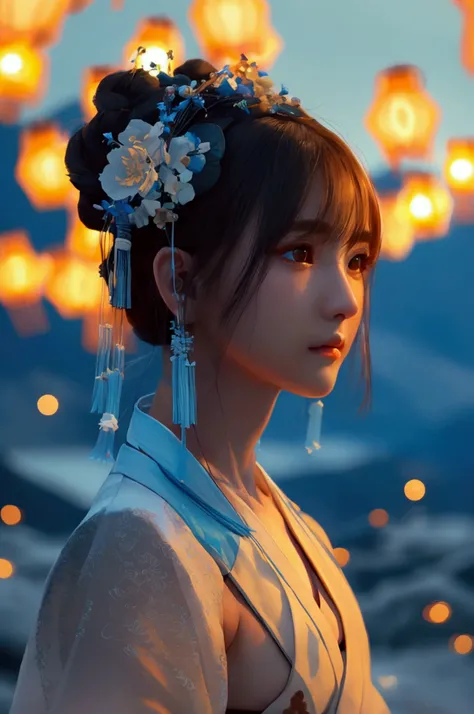 Highest quality, masterpiece, High resolution,, One person, Detailed face, (Upper Body:1.6), Cyber City, Mountains and Rivers, night, Firefly Light, Realistic, Lots of details, (White Hanfu:1.2), (Beautiful body:1.4),