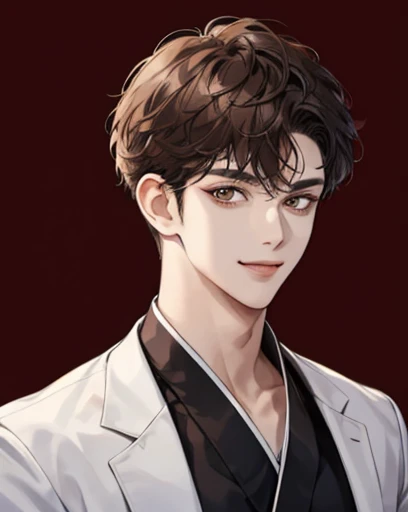 A boy with dark brown wool curly short hair，Age 25，Double eyelid brown eyes，Its cute to smile，The face is a bit fleshy，Height 175cm，Wearing Taekwondo clothes
