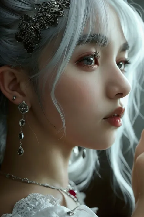 high quality, Lots of details, A girl with silver hair and twin tails poses cutely. They are dressed in vintage gothic clothing, Putting on a bracelet, Earrings and Necklaces. I can see big things. The photo is a close-up of the face, Cleavage, Shining Bre...