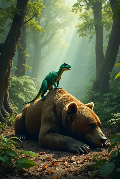 Bear  is dead and dinosaur  is sitting on top of him
