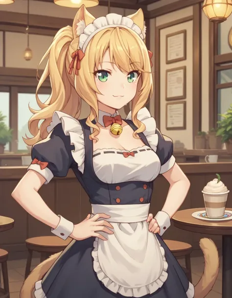 Maple, 1 girl with long  blonde hair, green eyes, cat ears, cat tail, maid uniform , golden bell on neck, cafe on background , smiling, hands on hips