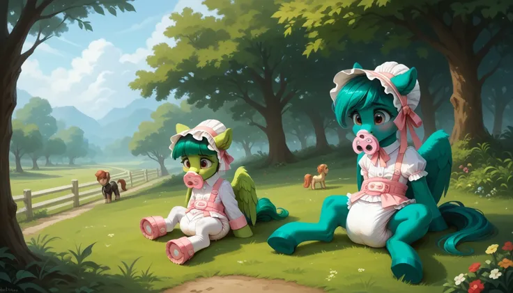 pony, Pegasus, adult mare, emerald green fur, a lush mane, gathered into an adult size bonnet, bushy tail, sitting outside, dressed in an adult size bodysuit and booties, pacifier in mouth, solo, thick diaper under clothes, bulge on the back of the diaper,...