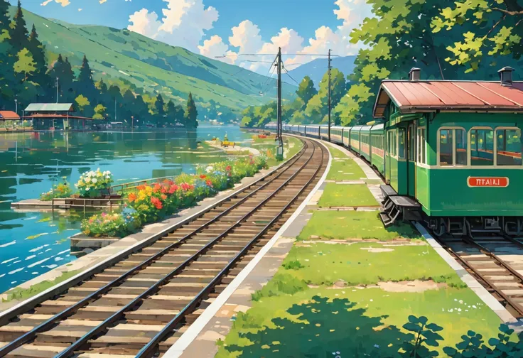 Train running on the lake,Sunken rail,Small station platform,green,summer