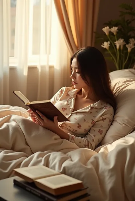 Woman laying to her bed and reading a book