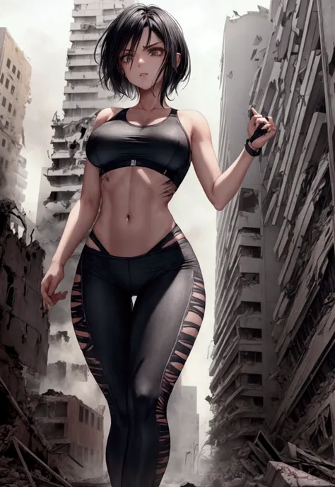 women 3 american 3 terrified running short black hair in spikes athletic body thin waist medium breasts medium buttocks  .earthquake. fallen building destroyed 