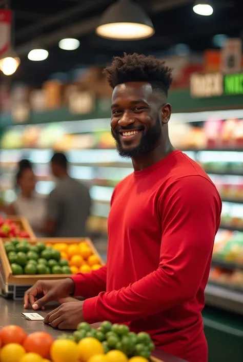 A black guy using a curly fade hair wearing a long-sleeved red shirt working on a supermarket called Real