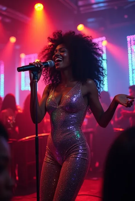 A foreign black female soul singer singing in a flashy costume