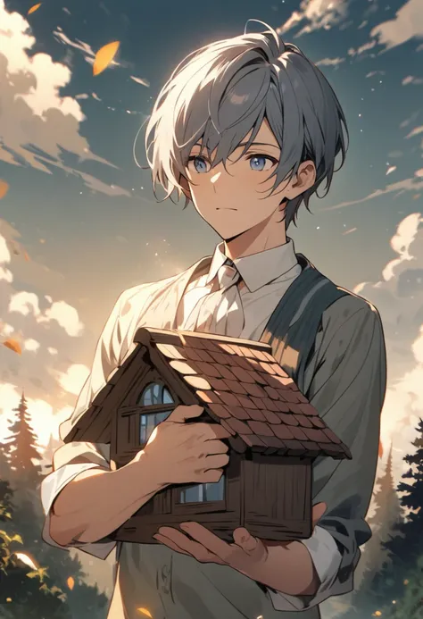 A handsome boy holds a house in his left hand