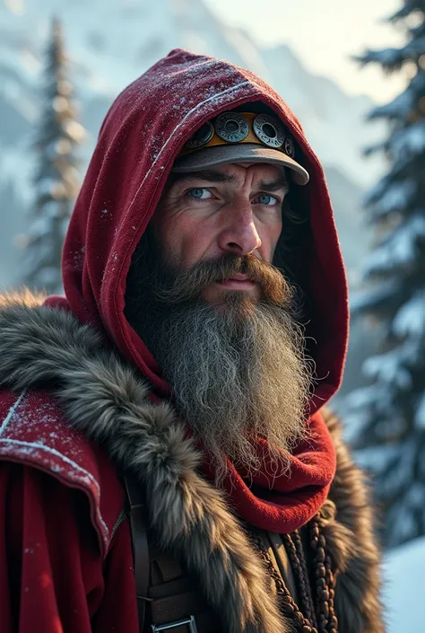 an image of a bearded mountain man in a red hooded robe with mountains in the, Kerembeyit, a character portrait, fantasy art, sean harris wizard, viking and templar aesthetics, closeup portrait of an mage, picture of a male cleric, from witcher (2021), epi...