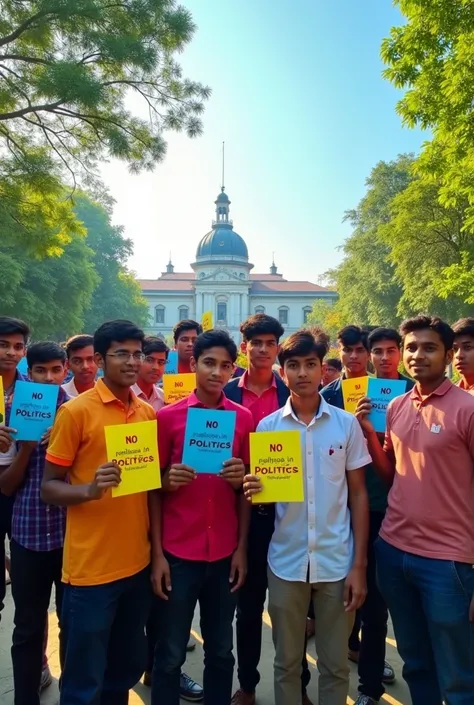 Make Images
Boys are standing with Leaflets where written NO POLITICS in Jatiya Kabi Kazi Nazrul Islam University 


Background Place of Jatiya Kabi Kazi Nazrul Islam University Bangladesh ( you may take from google) 