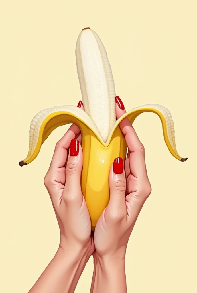 Beautiful woman&#39;s hands holding the white part of a peeled banana in one hand、Red nail polish、An illustration、design、art