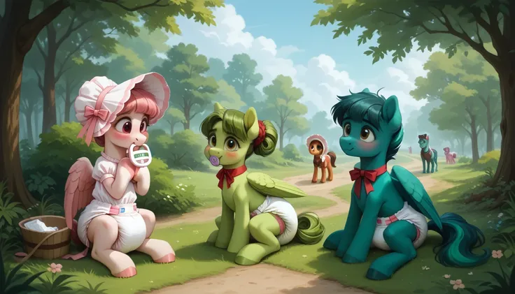 pony, Pegasus, adult mare, emerald green fur, a lush mane, gathered into an adult size bonnet, bushy tail, sitting outside, dressed in an adult size bodysuit and booties, pacifier in mouth, solo, thick diaper under clothes, bulge on the back of the diaper,...