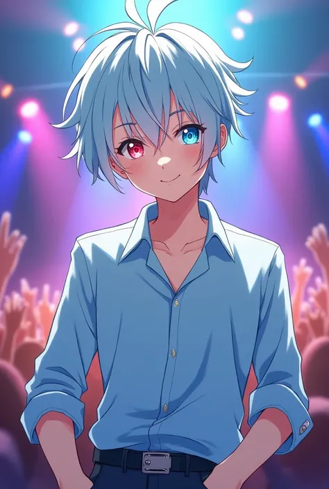 Male, 2d, anime, light blue shirt, light blue hair combined with white, left eye red, right eye aqua, amile, idol, adult