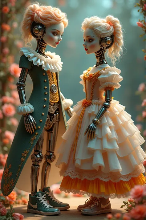 Mechanical dolls，Whole body, puppet，super high quality，8k，Beautiful details，gear，Body of mechanically sophisticated electrical parts.，thread art, rococo costumes，cord，Cartoon, detailed sneakers 