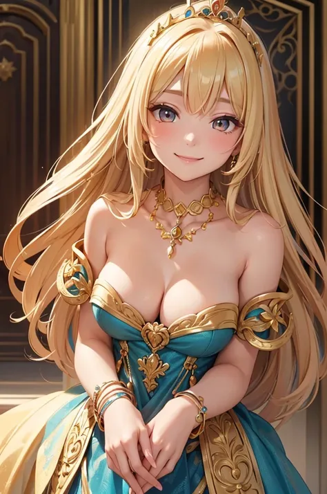 ​masterpiece、top-quality、(Blonde colored long hair、I have bangs:1.1)、25 year old woman with gold eyes、wearing a gold off-shoulder dress、(Emphasis on the chest:1.1)、(modest smile expression:1.3)、(Staring:1.5)、(Close-up of the subjects face:1.3)、is standing、...