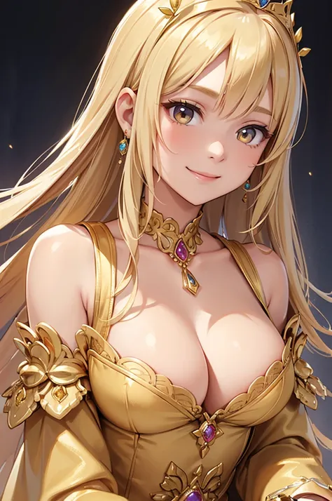 ​masterpiece、top-quality、(Blonde colored long hair、I have bangs:1.1)、25 year old woman with gold eyes、wearing a gold off-shoulder dress、(Emphasis on the chest:1.1)、(modest smile expression:1.3)、(Staring:1.5)、(Close-up of the subjects face:1.3)、is standing、...