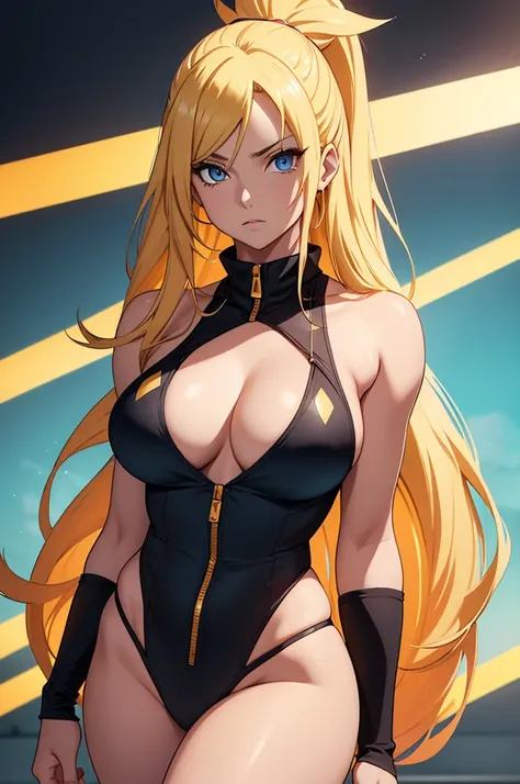 Create an image of a gender-swapped version of Naruto Uzumaki, depicted as a strikingly beautiful and confident girl. She has long, straight, golden blonde hair that flows smoothly down her back, with every strand rendered in exquisite detail, catching the...