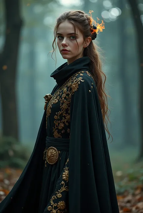 a slim young woman with pale skin, blue eyes, and long brown hair with ties to the side. She wears a black cape with a gold embroidered chain, Her ‘house colour’ is white and gold for formal, wearing a burning blindfold
ancient magic surrounding her
