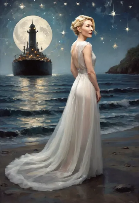 Cate Blanchett (age 25, airy sheer white elegant gown), camera low looking up at her butt and a starry sky, a few tiny space ships fly across the sky, lush ocean world
