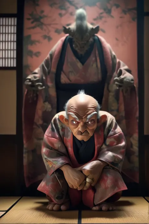 Inside the Japanese-style room、A thin old man wearing a kimono、Big headed monster、Shallow depth of field, Vignette, Very detailed, High budget, Bokeh, CinemaScope, Sulky, amazing, nice, Film Grain, granular . Creepy, Anxious, dark, Creepyな, Suspenseful, st...