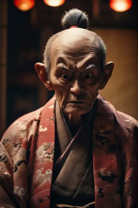 Inside the Japanese-style room、A thin old man wearing a kimono、Big headed monster、Shallow depth of field, Vignette, Very detailed, High budget, Bokeh, CinemaScope, Sulky, amazing, nice, Film Grain, granular . Creepy, Anxious, dark, Creepyな, Suspenseful, st...