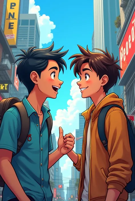 A boy with black hair persuading another boy  with brown hair good jawline to keep writting poems and earn a lot of money living in metro manila (anime image)