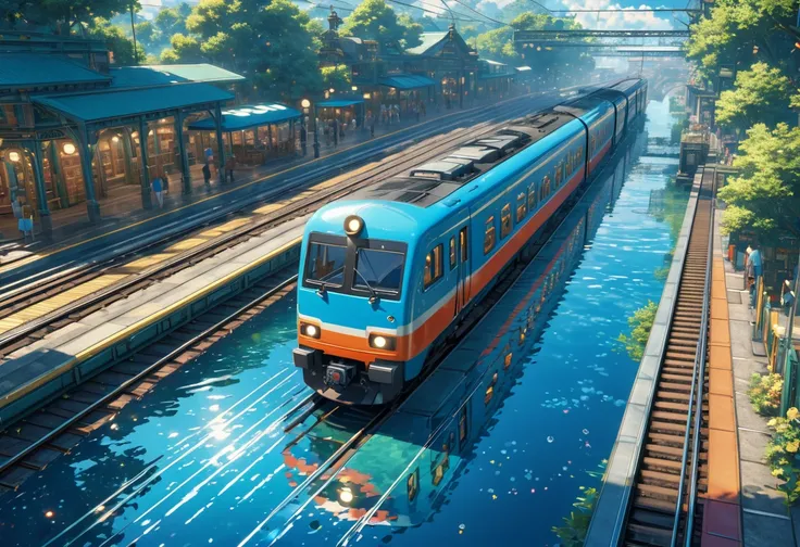 score_9, score_8_upper, score_7_upper,A train running on water,Sunken rail,Small station platform,(((Blue overall color))),summer,(masterpiece, Highest quality, Highest quality, Official Art, beautifull, beautiful:1.2,Ray Tracing),Very detailed,Blue tones,...