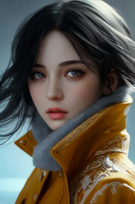 Beautiful girl with realistic black eyes, Pale skin, Medium length black hair, Perfect Face, Perfect Eyes, Wearing a coat, Very detailed, Overall Movie, Digital Painting, 8k, Cinema Lighting, Highest quality, High resolution, Detailed work, Post-processing...