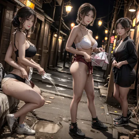 
((masterpiece、Highest quality))、Beautiful girls gather.、Three girls in summer clothes、(Showa Retro:1.2)、(Detailed and cute face:1.3、tits:0.5、Pussy:0.5)、(Poor conditions、Japans poor neighborhoods、Dim and unsanitary、Standing Bar、みんなで楽しくdiet、Crumbling underg...