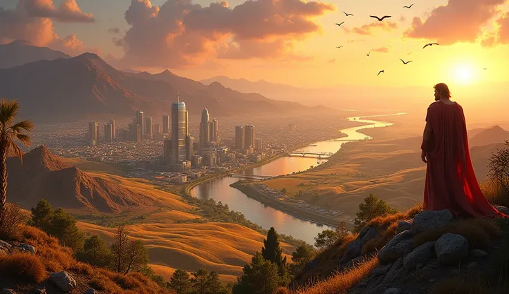 Create a hyper-realistic image of a prosperous Israel surrounded by different types of landscapes – mineral-rich mountains, rivers full of fish, and productive agricultural fields. Each landscape represents a form of investment, and the city in the center ...