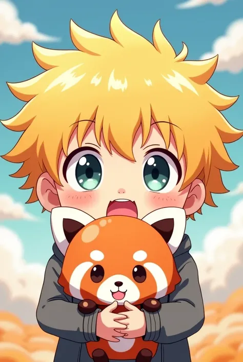 Cute yellow hair, open eyes and mouth, shota, short hair, red panda stuffed animal icon, anime illustration, small stuffed animal

